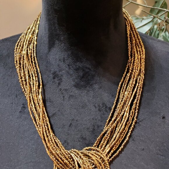 Womens Fashion Gold Tone Multi Strand Seed Beaded Necklace with Lobster Clasp - Picture 2 of 7